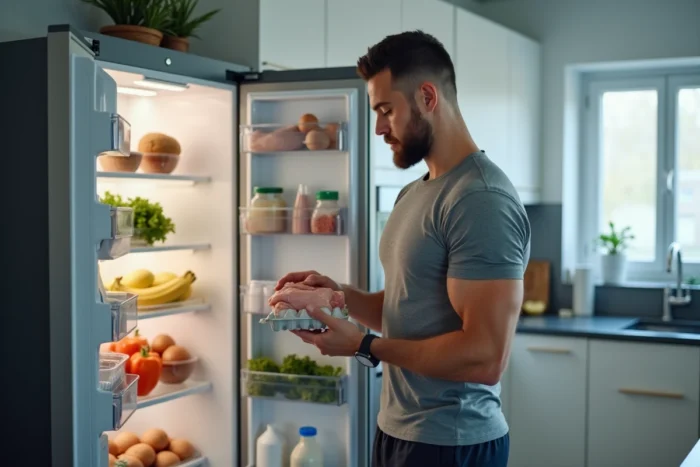 Un homme sportif tenant des aliments riches en protéines devant son réfrigérateur illustrant le besoin corporel de protéines