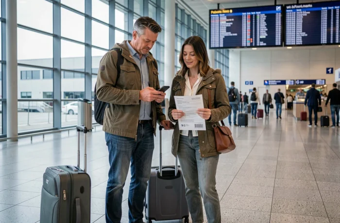 Couple à l'aéroport tenant des documents d'assurance voyage avant l'embarquement, avec valises et hall de départ en arrière-plan