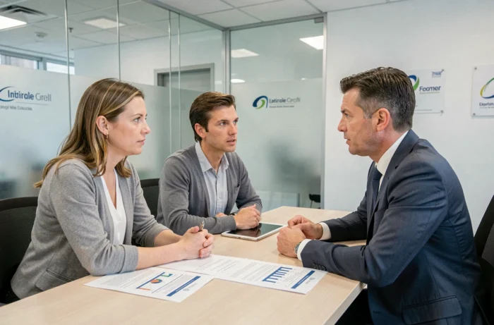 Couple en rendez-vous avec un conseiller bancaire pour trouver la meilleure offre de crédit adaptée à leurs besoins
