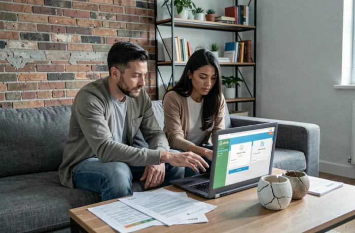 Couple de voyageurs consultant le centre de résolution Airbnb sur ordinateur pour un litige de dommages