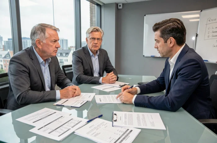 Couple de propriétaires en réunion avec un conseiller immobilier pour prolonger leur investissement Pinel