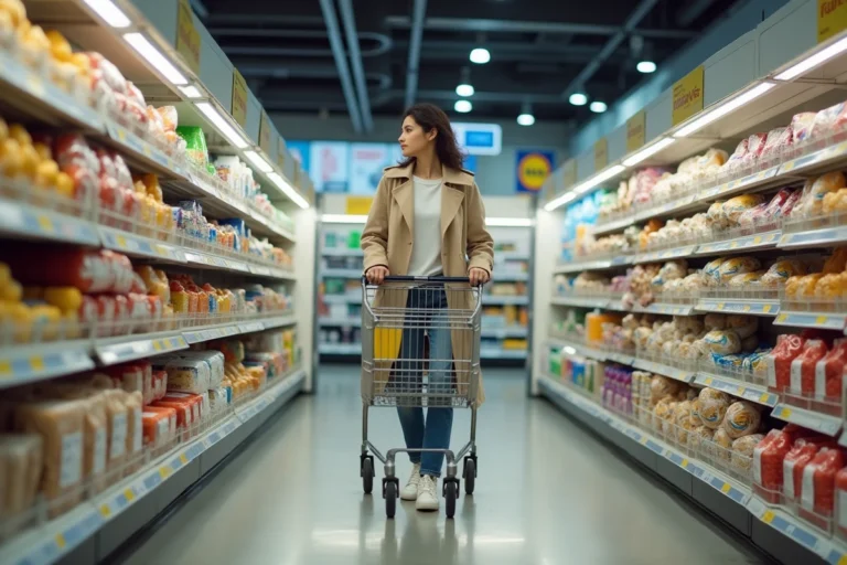 Femme faisant ses courses dans un supermarché Lidl à Paris un dimanche, poussant un caddie dans le rayon alimentaire