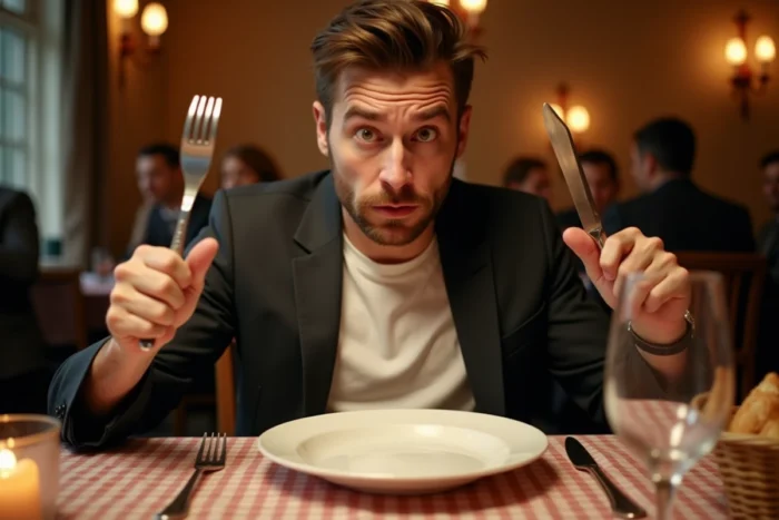 Un homme tenant couteau et fourchette levés devant une assiette vide illustrant l'expression mes couverts sont en position d'attaque
