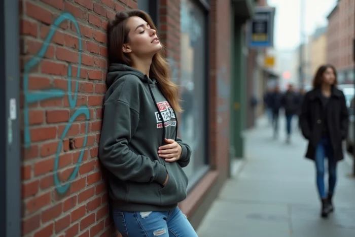 Une jeune femme appuyée contre un mur de briques en ville avec une expression désespérée illustrant l'expression crever la dalle