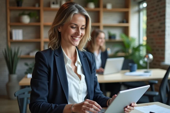 Professionnelle utilisant une plateforme numérique de CSE sur tablette dans un espace de coworking moderne