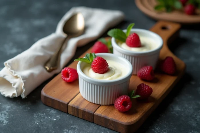 Plateau de dégustation rustique avec des ramequins de mascarpone et de crème fraîche, décorés de framboises fraîches et d'une feuille de menthe sur une ardoise grise