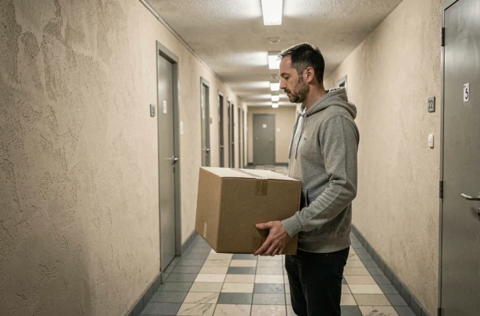 Homme tenant un carton de déménagement devant la porte de son appartement HLM en location courte durée