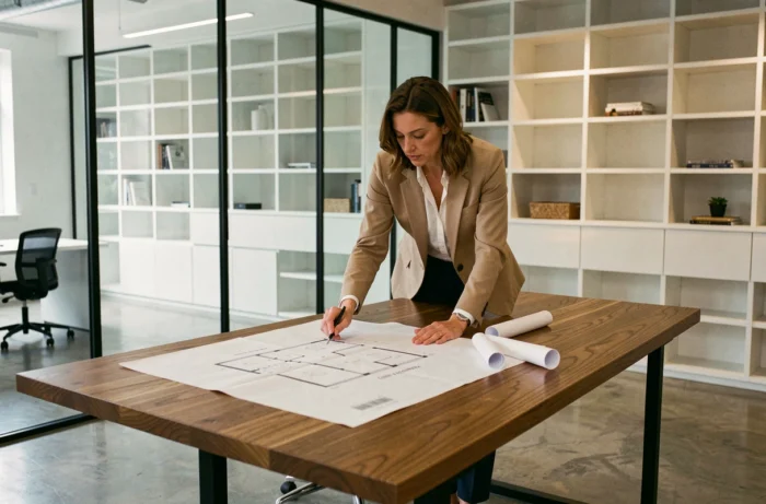 Designer d'intérieur professionnelle étudiant des plans d'aménagement sur mesure dans un bureau moderne avec étagères intégrées et cloisons vitrées