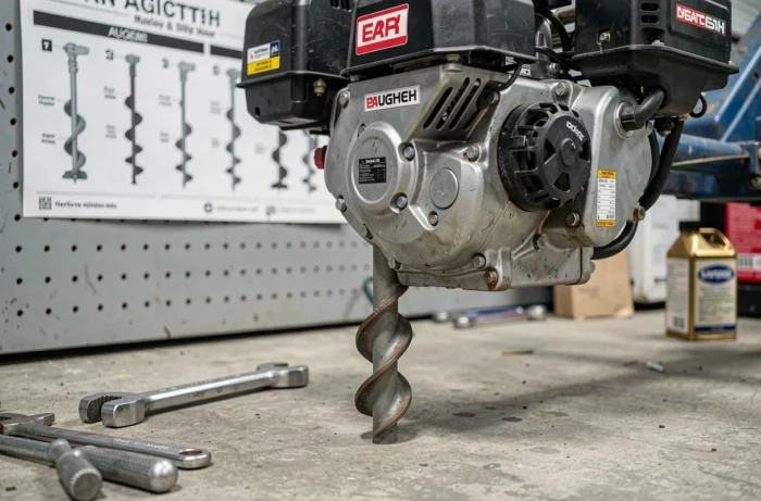 Gros plan sur le moteur et la mèche d'une tarière thermique posée dans un atelier avec des outils de comparaison