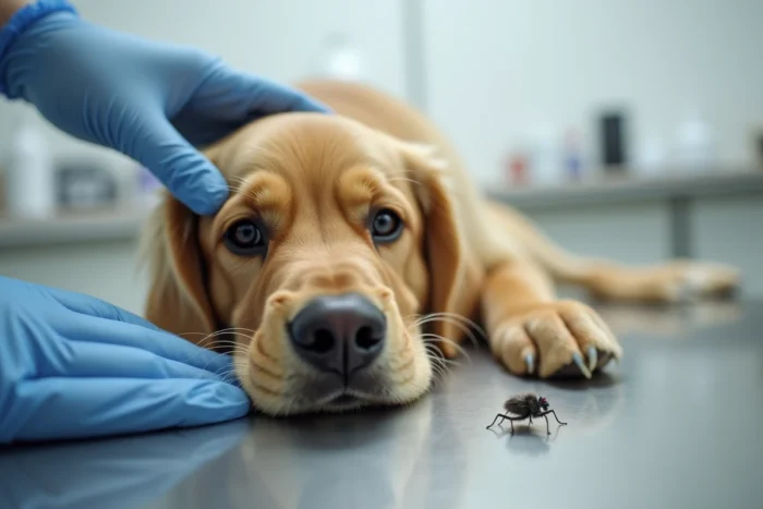 Vétérinaire écartant la fourrure d'un chien pour montrer une petite bête noire sauteuse sur la peau, diagnostic de puces en cabinet vétérinaire