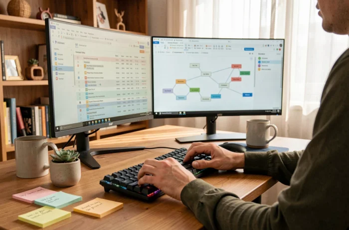 Mains d'un développeur web travaillant sur un sitemap et des données d'exploration de site depuis un bureau à domicile