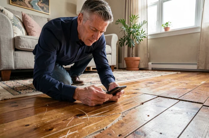 Voyageur photographiant des dommages sur le parquet d'une location Airbnb avant signalement