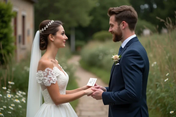 Mariés échangeant des voeux manuscrits courts et personnalisés lors d'une cérémonie de mariage en plein air dans un jardin fleuri