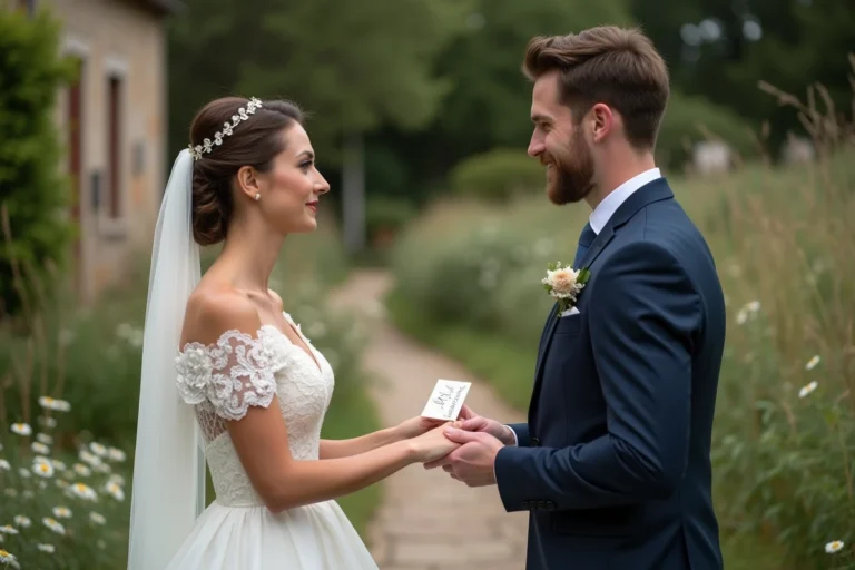 Mariés échangeant des voeux manuscrits courts et personnalisés lors d'une cérémonie de mariage en plein air dans un jardin fleuri