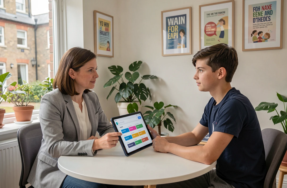 Une éducatrice d'Apprentis d'Auteuil présente le suivi personnalisé Zidore à un adolescent lors d'un entretien individuel