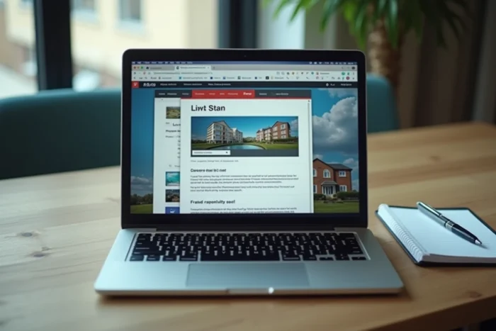 Ordinateur portable affichant un email frauduleux d'arnaque immobilière avec un bloc-notes de vérifications