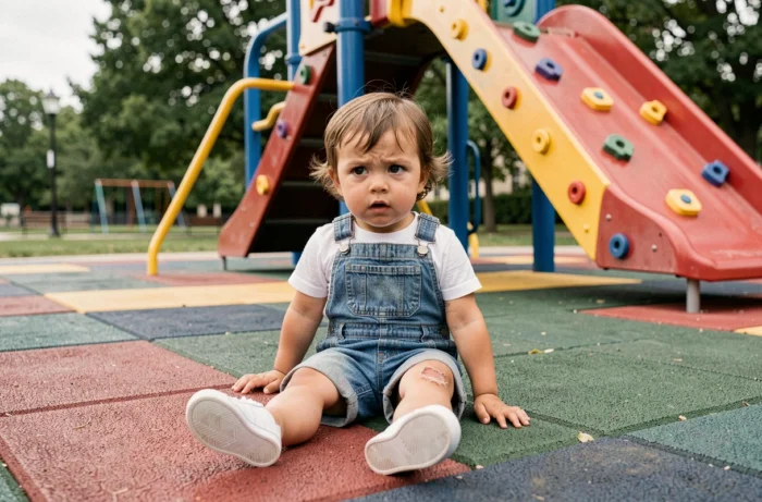 Enfant en bas âge assis sur un sol de aire de jeux après une chute, avec une légère blessure au genou