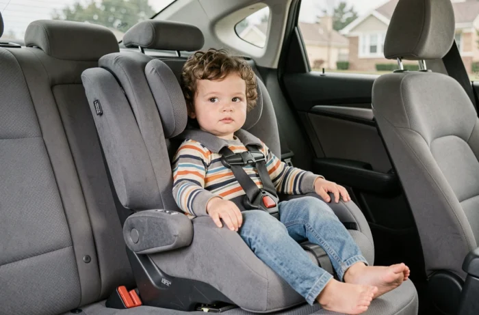 Enfant de 2 ans installé dans un siège auto groupe 1 2 3 gris avec harnais, vu de trois quarts dans l'habitacle d'une berline familiale