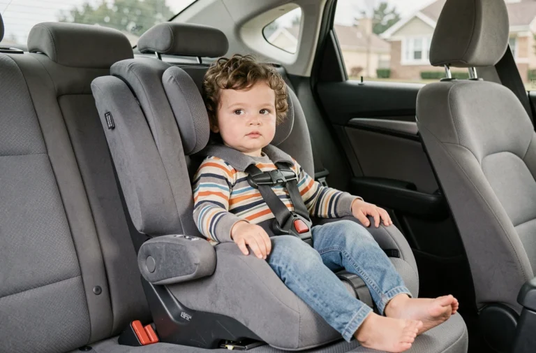 Enfant de 2 ans installé dans un siège auto groupe 1 2 3 gris avec harnais, vu de trois quarts dans l'habitacle d'une berline familiale