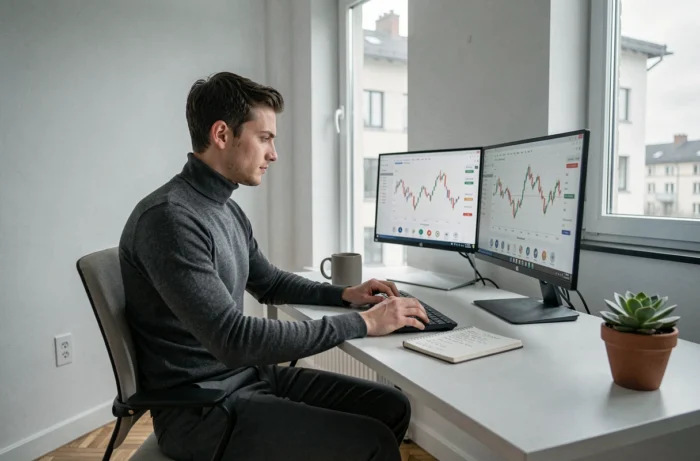 Jeune entrepreneur concentré analysant des graphiques financiers sur double écran dans un bureau minimaliste à domicile, stratégie business 2024