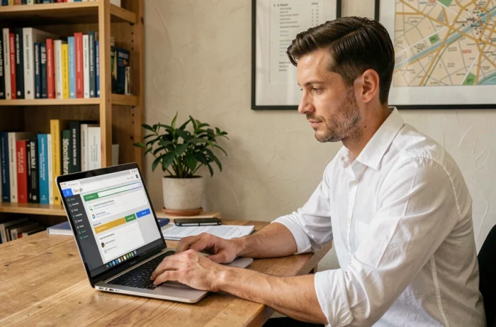 Entrepreneur parisien optimisant la fiche Google Business de son entreprise sur ordinateur portable dans un bureau parisien