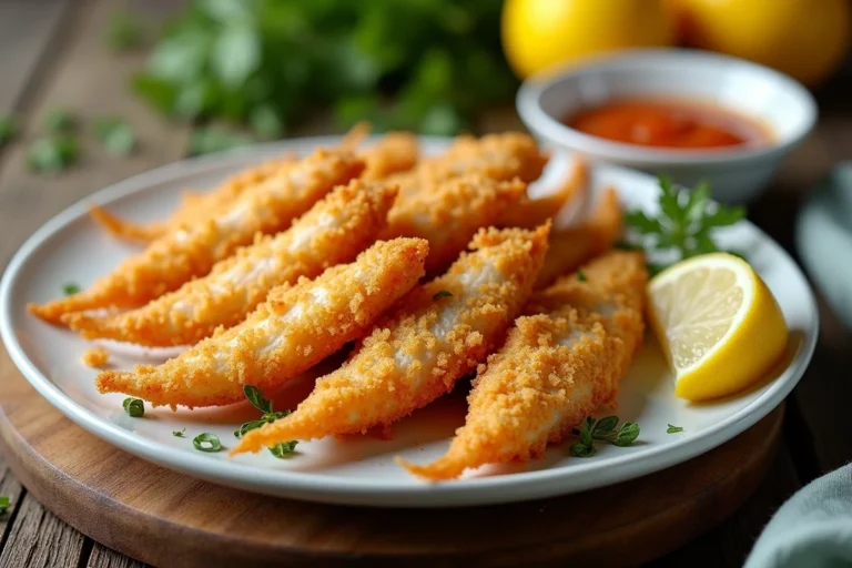 Assiette d'éperlans croustillants dorés cuits à l'air fryer servis avec du citron et une sauce tartare, présentation rustique sur table en bois