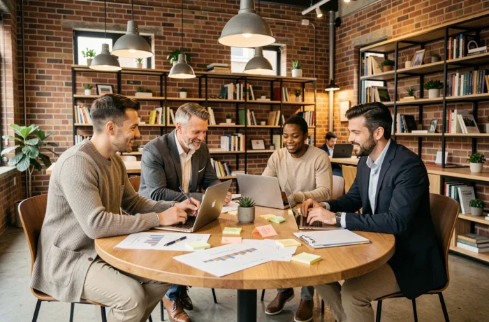 Équipe diversifiée de professionnels en séance de brainstorming stratégique dans un espace de coworking contemporain, collaboration business 2024