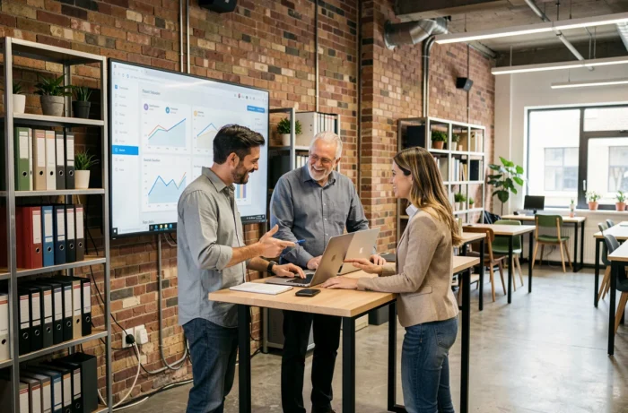 Équipe professionnelle diversifiée collaborant sur des services numériques pour soutenir la croissance et la réussite d'une entreprise