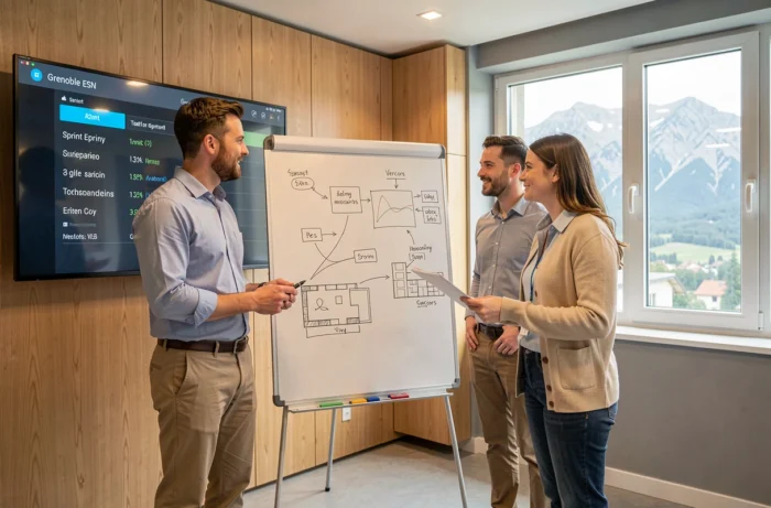 Équipe de consultants ESN en réunion agile devant un tableau blanc dans une entreprise de services numériques à Grenoble
