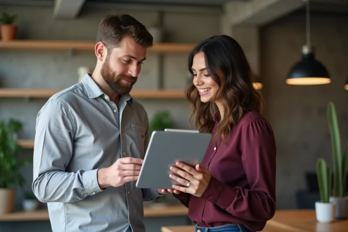 Deux collaborateurs d'une PME consultent ensemble les options de services bancaires professionnels sur une tablette