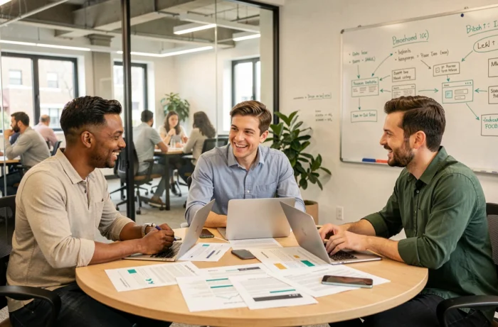 Équipe de professionnels en réunion collaborant sur une stratégie de contenu web dans un espace de coworking