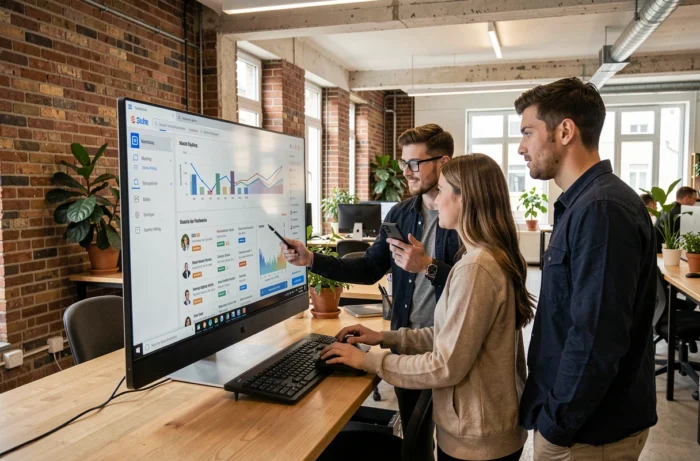 Équipe de professionnels parisiens analysant une stratégie de marketing digital et de référencement local dans un espace de coworking