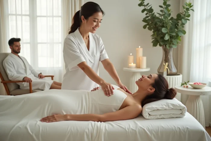 Les mariés profitent d'un espace bien-être surprise avec massage et décoration relaxante lors de leur mariage