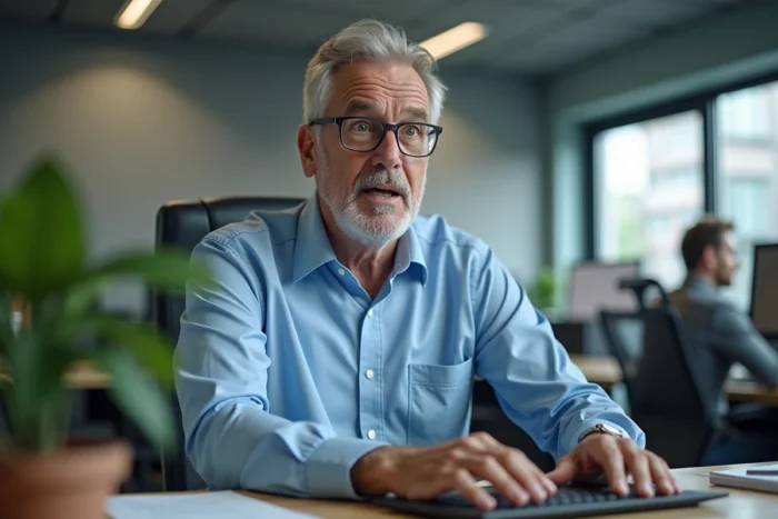 Un homme de bureau figé à son clavier écoutant son estomac grogner illustrant l'expression mon estomac crie famine