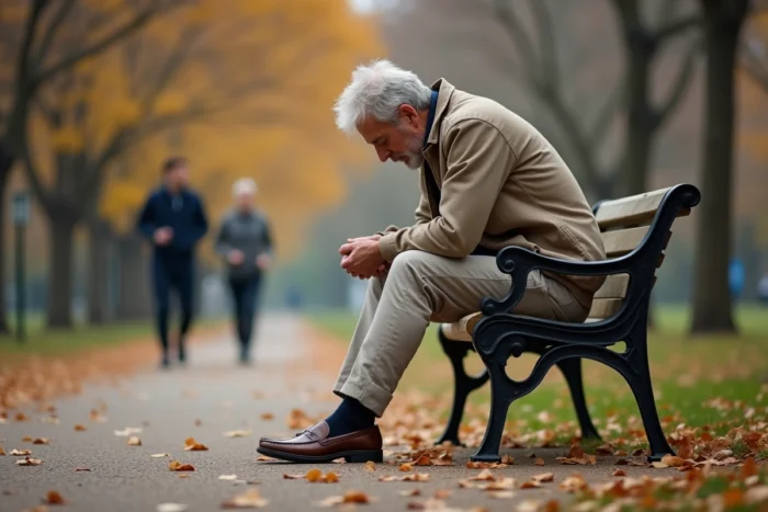 Un homme épuisé assis sur un banc de parc regardant ses pieds illustrant l'expression avoir l'estomac dans les talons