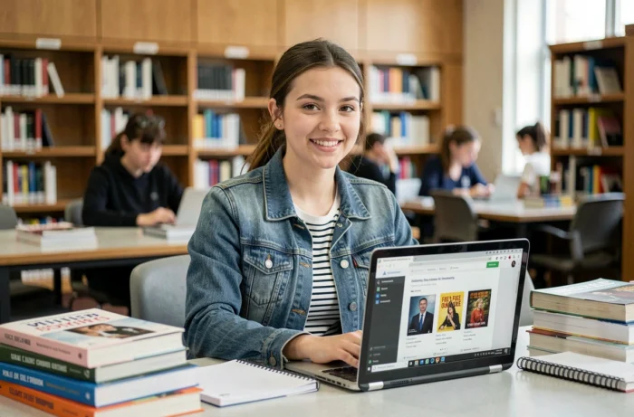 Étudiante cherchant des alternatives gratuites à Fourtoutici pour télécharger des ebooks dans une bibliothèque universitaire