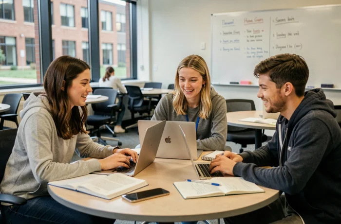 Groupe d'étudiants en alternance travaillant ensemble dans une salle de formation universitaire
