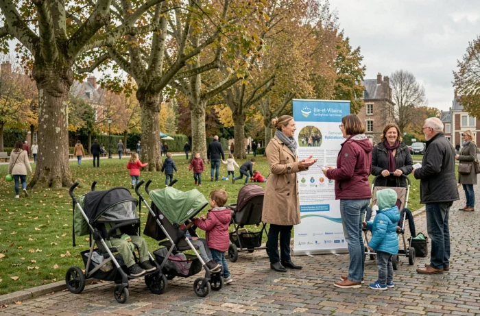 Parents et enfants lors d'un événement communautaire sur les services d'aide à la famille en plein air à Rennes en Ille-et-Vilaine