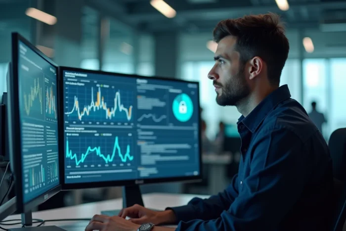 Professionnel en cybersécurité analysant des tableaux de bord réseau pour détecter des tentatives de piratage de comptes sur les réseaux sociaux