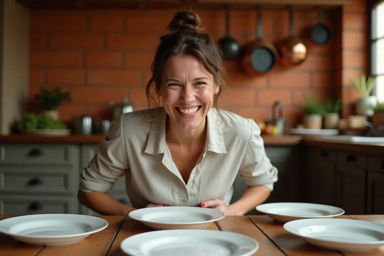 Une femme affamée assise à une table de cuisine rustique entourée d'assiettes vides avec une expression comique de faim