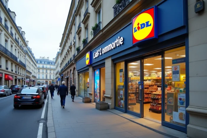 Façade extérieure d'un supermarché Lidl dans le 20e arrondissement de Paris avec son logo jaune et bleu visible depuis la rue