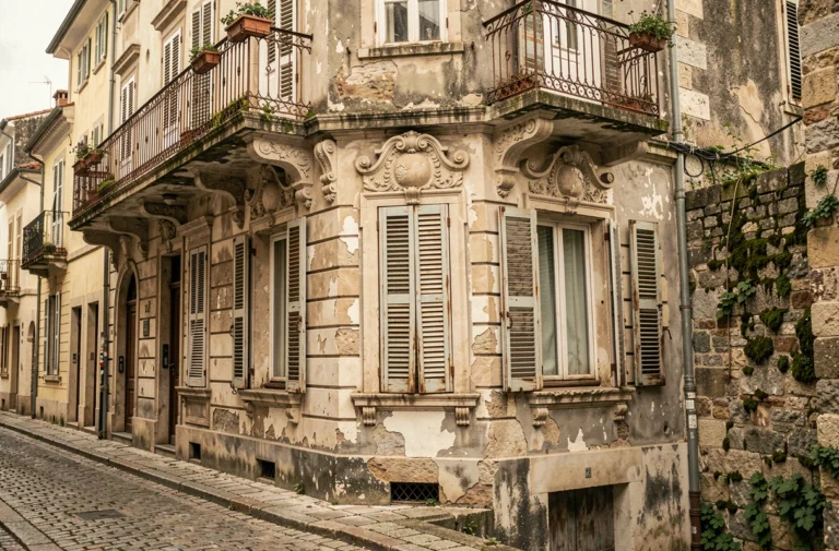 Façade ancienne d'une maison de ville du XIXe siècle avec balcons en fer forgé et pierres sculptées sur une rue pavée