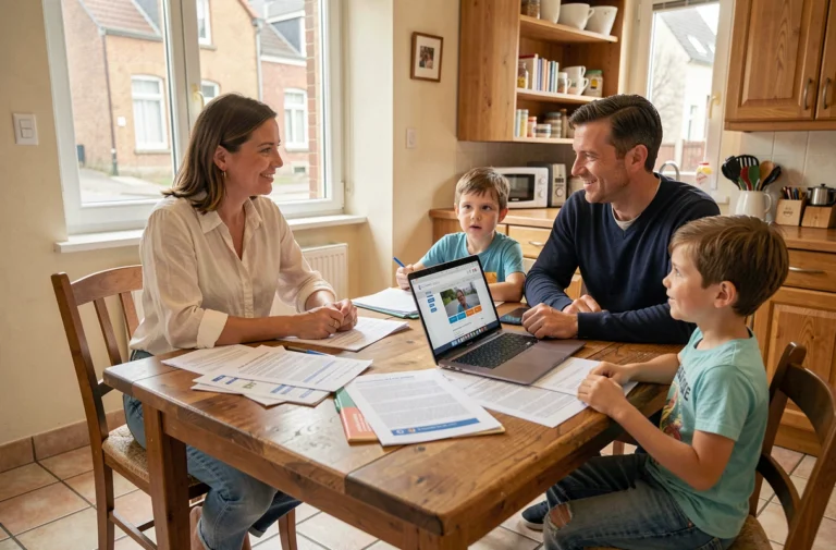 Famille bretonne consultando des aides familiales en Ille-et-Vilaine autour d'une table avec des documents administratifs