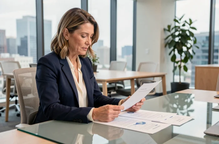 Femme d'affaires professionnelle en réunion examinant des documents stratégiques dans un bureau moderne pour accompagner la réussite de son entreprise