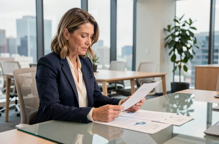 Femme d'affaires professionnelle en réunion examinant des documents stratégiques dans un bureau moderne pour accompagner la réussite de son entreprise