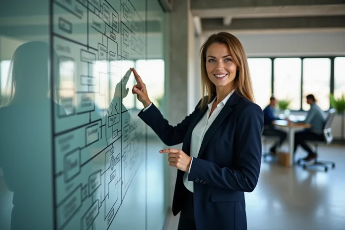 Femme d'affaires présentant un schéma organisationnel B2B sur un tableau en verre dans un bureau moderne