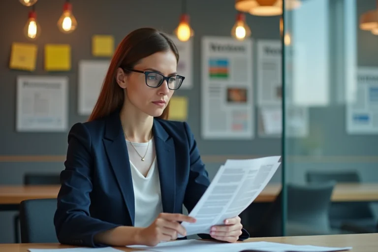 Femme d'affaires analysant des coupures de presse dans un bureau moderne pour optimiser la visibilité de son entreprise
