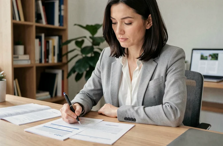 Femme analysant des offres de crédit sur son bureau à domicile, comparant des documents financiers avec attention