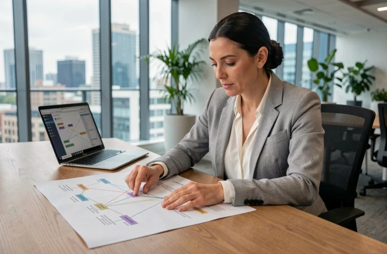 Femme analyste examinant un diagramme de sitemap web imprimé dans un bureau moderne