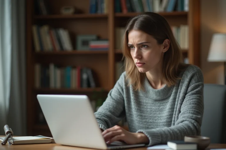 Femme inquiète lisant un email suspect sur son ordinateur portable, possiblement une arnaque liée à l'immobilier